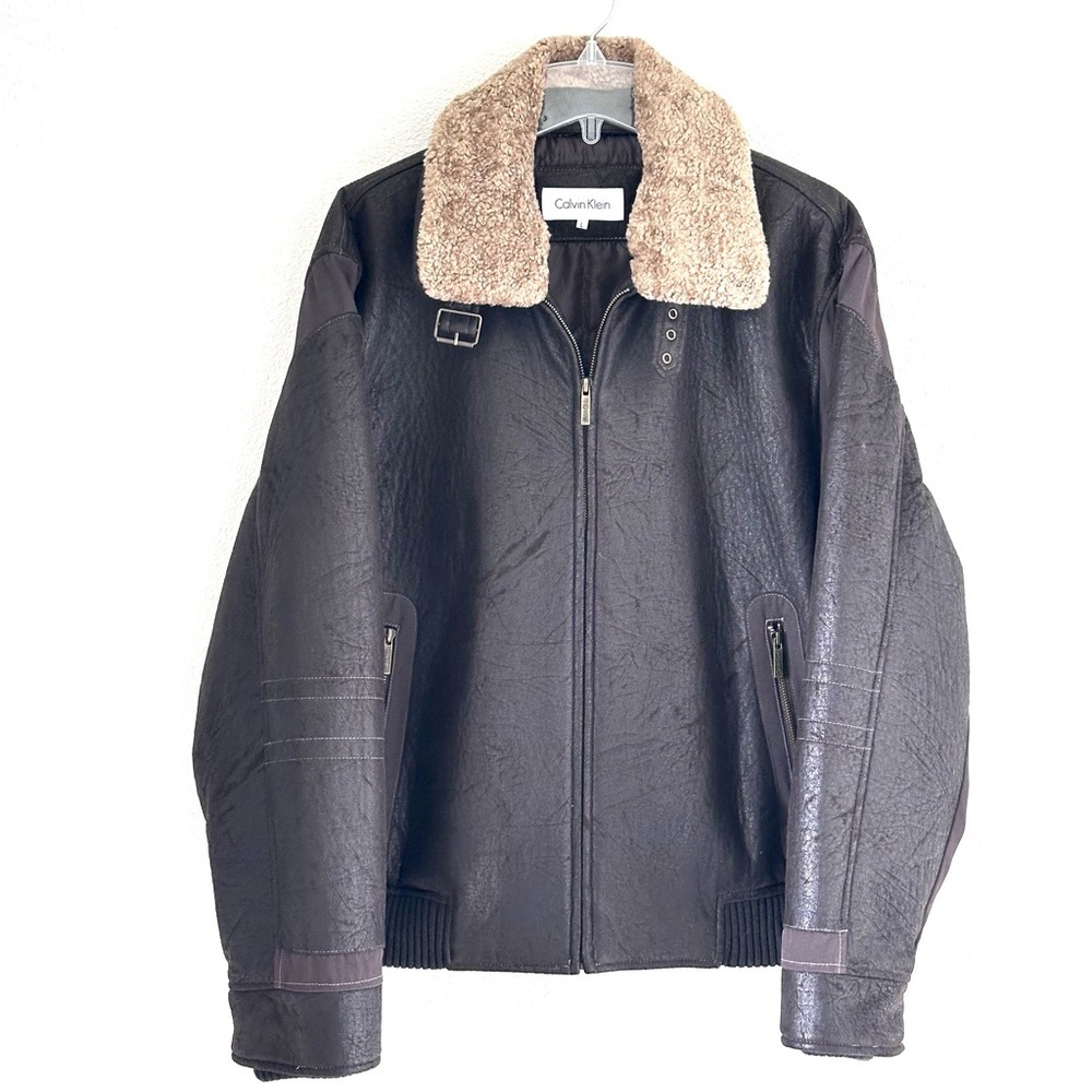 Vintage Calvin Klein Men's Brown Aviation Bomber Jacket with Shearling Collar